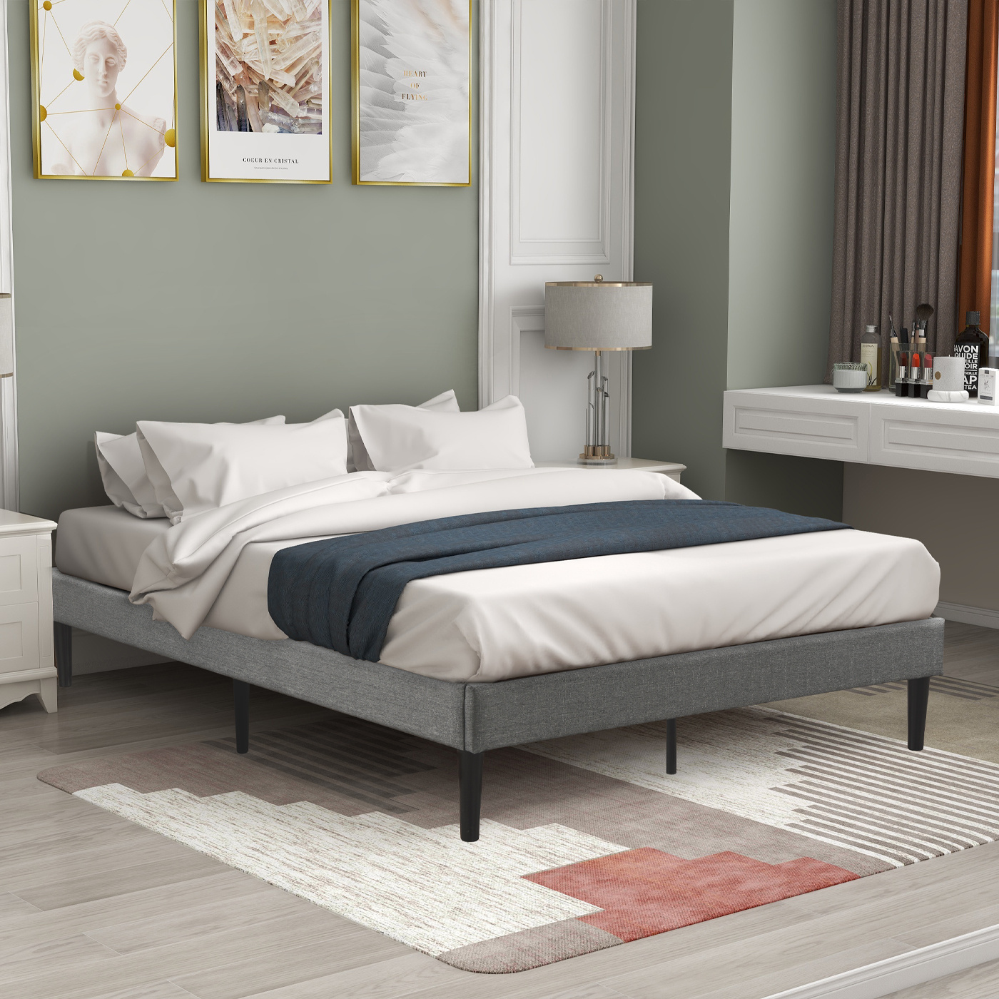 American warehouse Luxury Bedroom Furniture Modern Upholstered fabric Bed King Size Gray Fabric Bed for bedroom