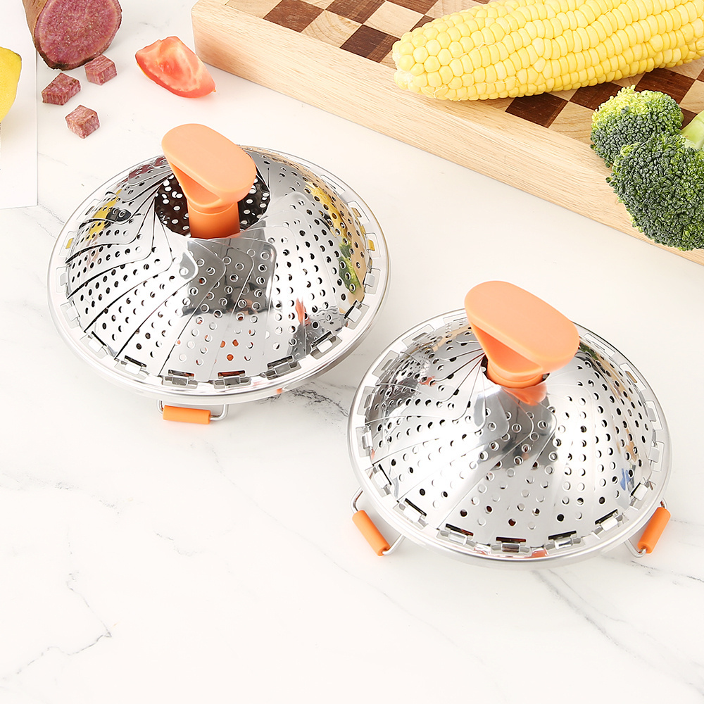 3 Pcs Stainless Steel Extendable Steamer featuring a plastic handle is designed to fit various pots and pans