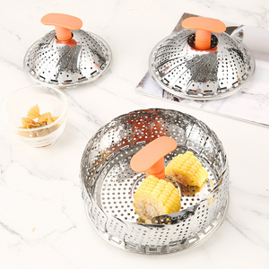 3 Pcs Stainless Steel Extendable Steamer featuring a plastic handle is designed to fit various pots and pans