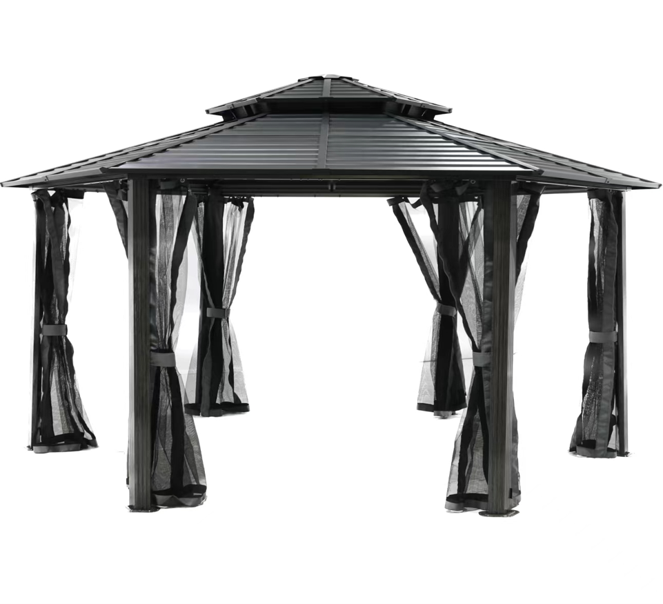 dia4x4x2.8M Hexagonal Hardtop Gazebo Outdoor Weather-Resistant Aluminum Frame Sun Gazebo