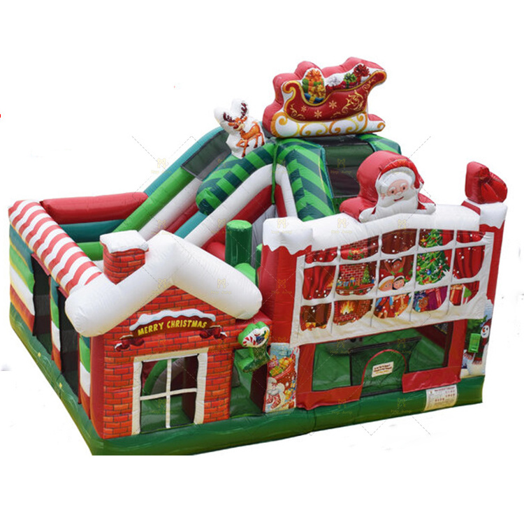 Hot sale inflatable merry christmas bounce house with slide combo fun city happy holidays jumping castle with slide  for kids