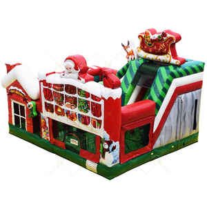 Hot sale inflatable merry christmas bounce house with slide combo fun city happy holidays jumping castle with slide  for kids