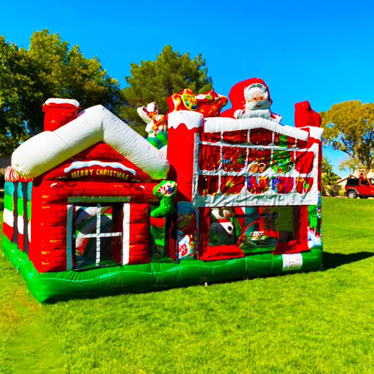 Hot sale inflatable merry christmas bounce house with slide combo fun city happy holidays jumping castle with slide  for kids