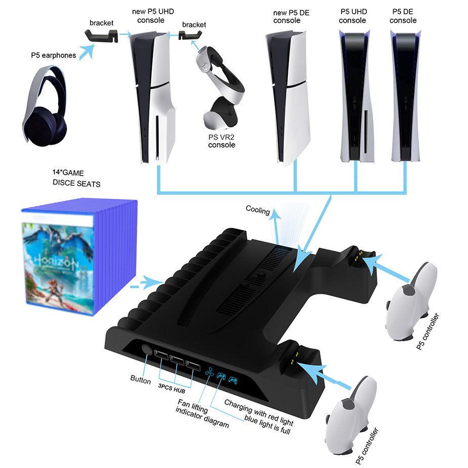 Earphone Bracket Dual Gamepad Charger Games Storage Disc Rack Holder Seat Universal Console Cooling Stand for PSVR2 PS5 & Slim