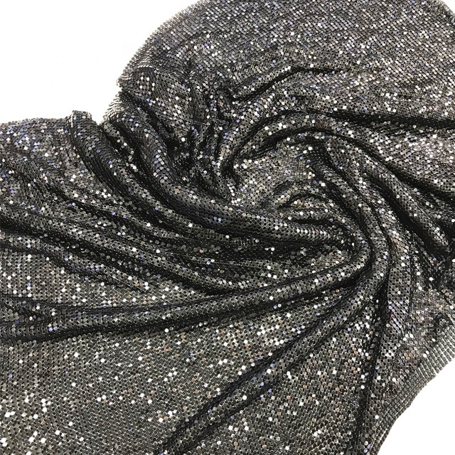 S108 Black color Soft flexible aluminum chainmail fabric metal sequin mesh fabric for women clothing bags