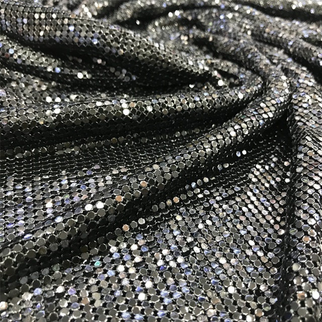 S108 Black color Soft flexible aluminum chainmail fabric metal sequin mesh fabric for women clothing bags