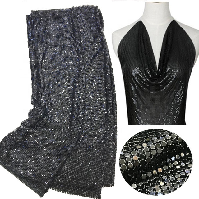 S108 Black color Soft flexible aluminum chainmail fabric metal sequin mesh fabric for women clothing bags