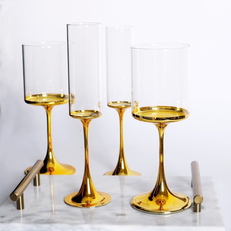 Gold plated wine glass creative transparent crystal stemware glasses Family and  electroplate gold champagne goblets