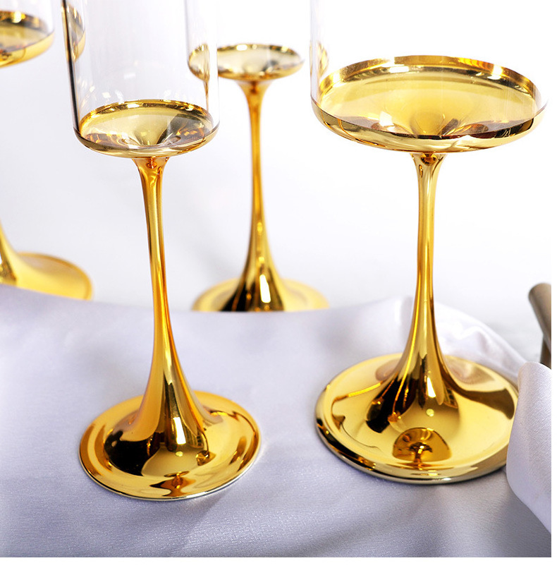 Gold plated wine glass creative transparent crystal stemware glasses Family and  electroplate gold champagne goblets