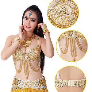 SC045 Womens Sexy Samba Dance Carnival Costumes Sequin V Neck Top Shiny Crystal Padded Bra with Beads Tassel