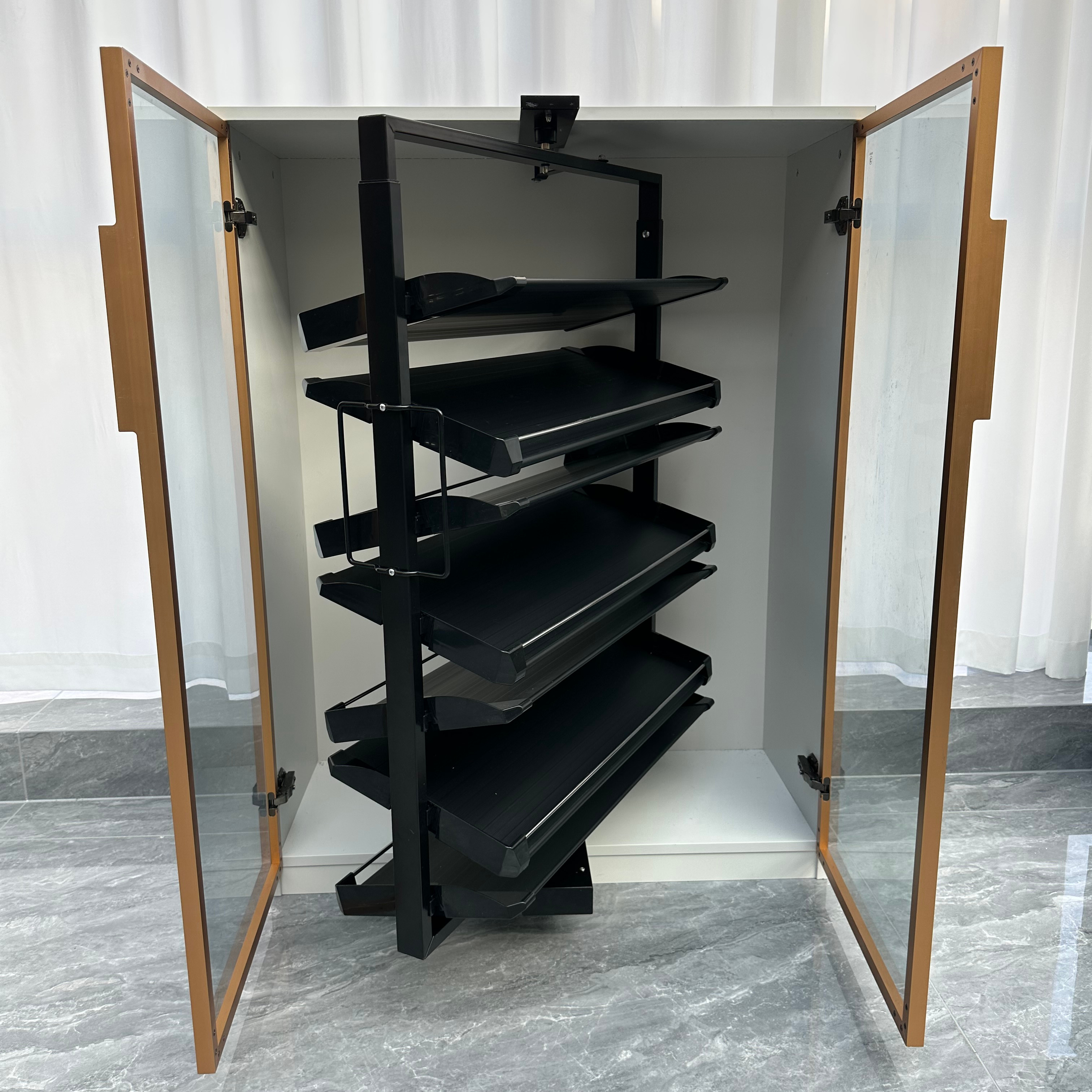 China factory furniture metal free standing shoe storage shelf glass doors shoe rack 360 degree revolving rotating Shoes Cabinet