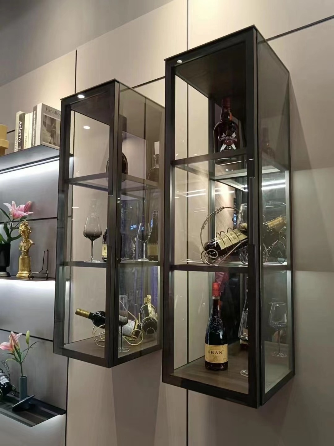 Factory customized luxury aluminum frame  tempered glass wine display cases storage wall cupboard showcase wall mounted cabinet