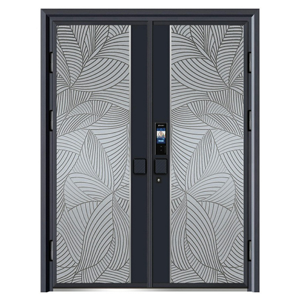 Luxury carved aluminum armored security entrance house door anti theft vertical hinge doors residential unequal leaf double door