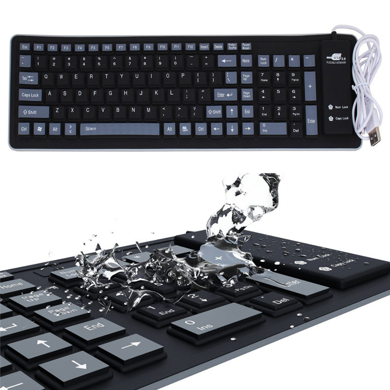 Foldable Silicone Keyboard Flexible Waterproof Slim Soft Black Rubber Keyboard for PC Desktop Laptop