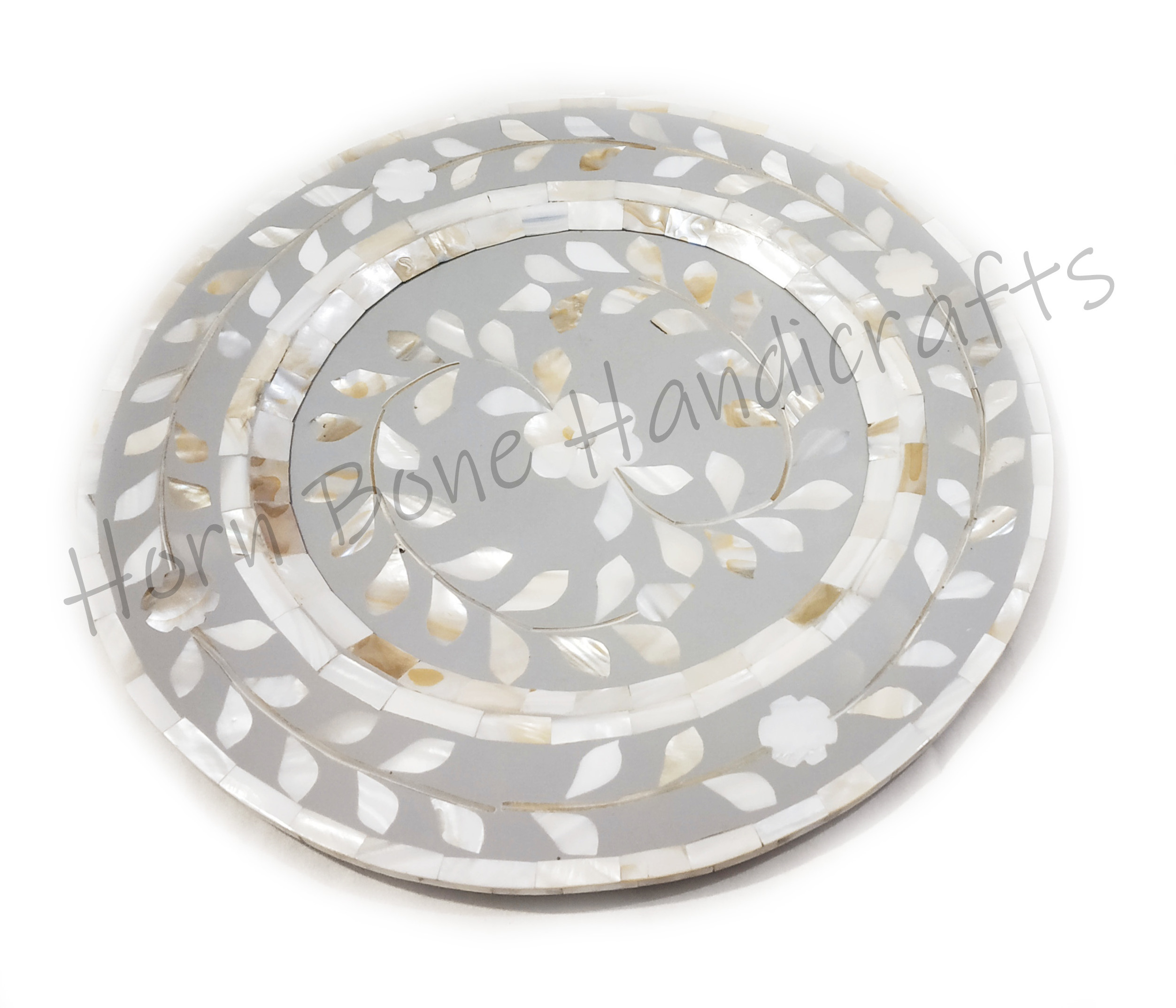 River Shell Inlay Charger Plate in Light Pink Color MOP Inlay Floral Design Round Plates Mother of Pearl Dessert Serving Saucer