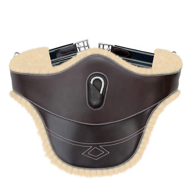 Horse Girth Thick Lined Fancy Belly Guard Girth with Leather/Sheepskin Padding and Snap Hook Burgundy Elastic with White Lines