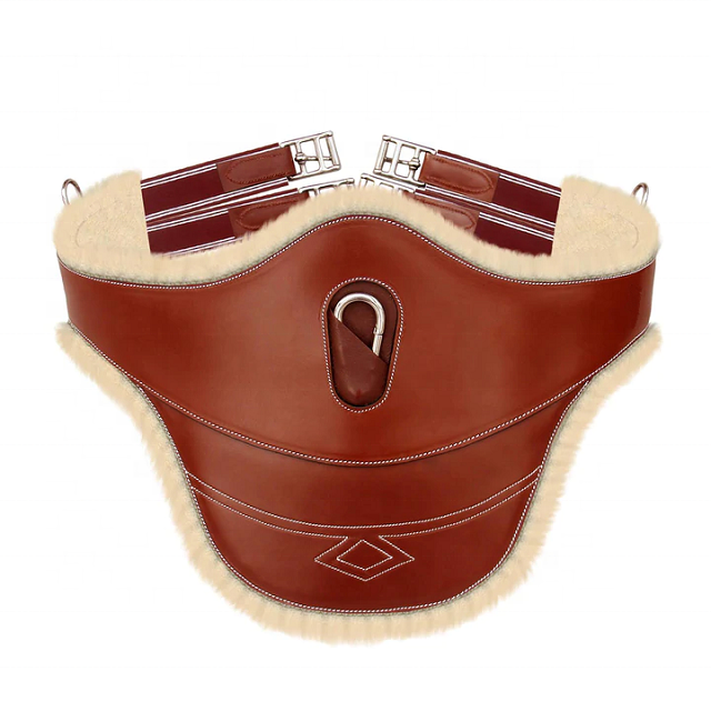 Horse Girth Thick Lined Fancy Belly Guard Girth with Leather/Sheepskin Padding and Snap Hook Burgundy Elastic with White Lines