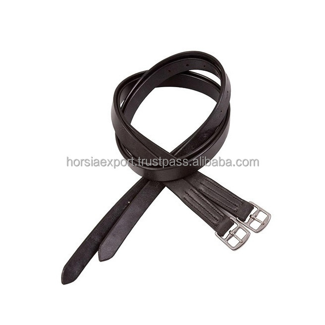 Horse Equestrian Genuine Leather Stirrup Leather With Fancy White Stitching Stainless Steel Fitting Black Color OEM Accepted