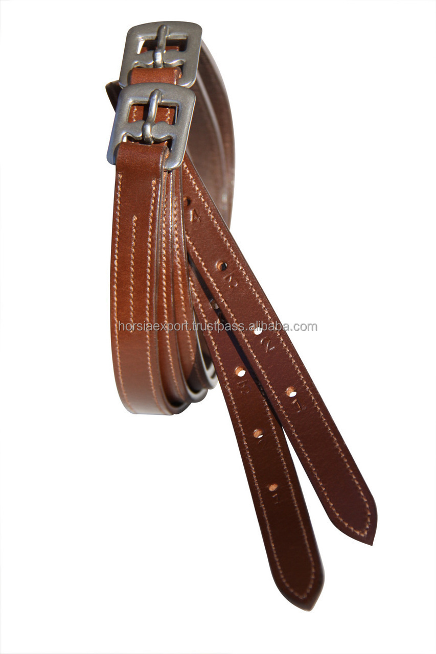 Horse Equestrian Genuine Leather Stirrup Leather With Fancy White Stitching Stainless Steel Fitting Black Color OEM Accepted