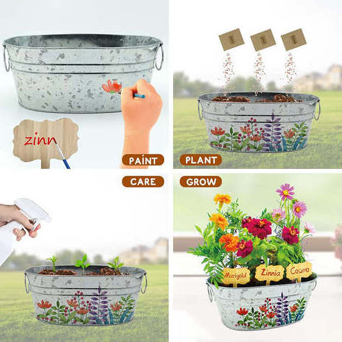 Kids Paint Plant and Grow Flower Kit DIY Craft For Spring Metal Planter Tub Galvanized Pot Decorative Gardening Gifts