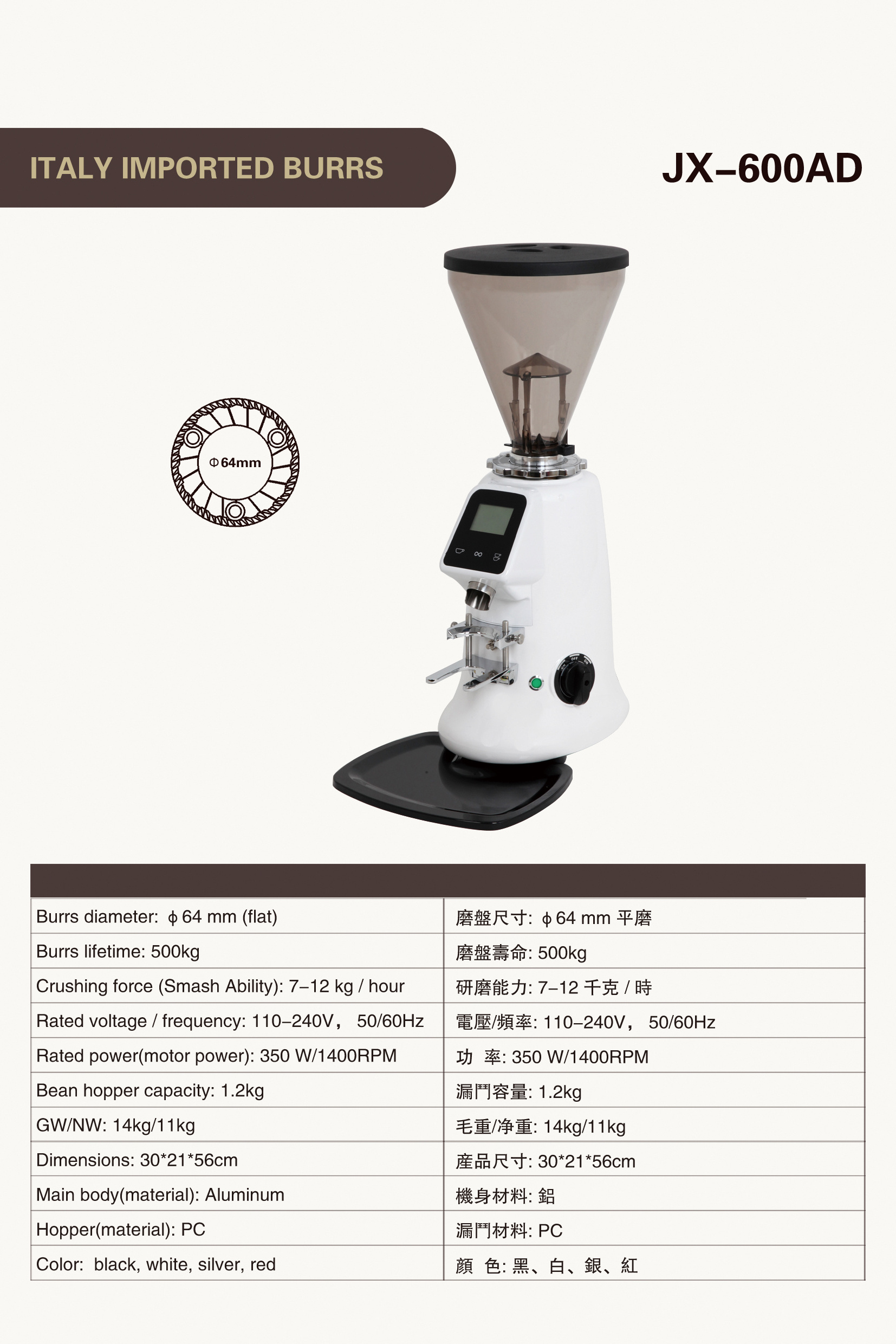 Horus Commercial Use 1.2kg Large Capacity Espresso/Pour Over/Cold Brew/French Press Coffee Maker Burr Coffee Bean Grinder