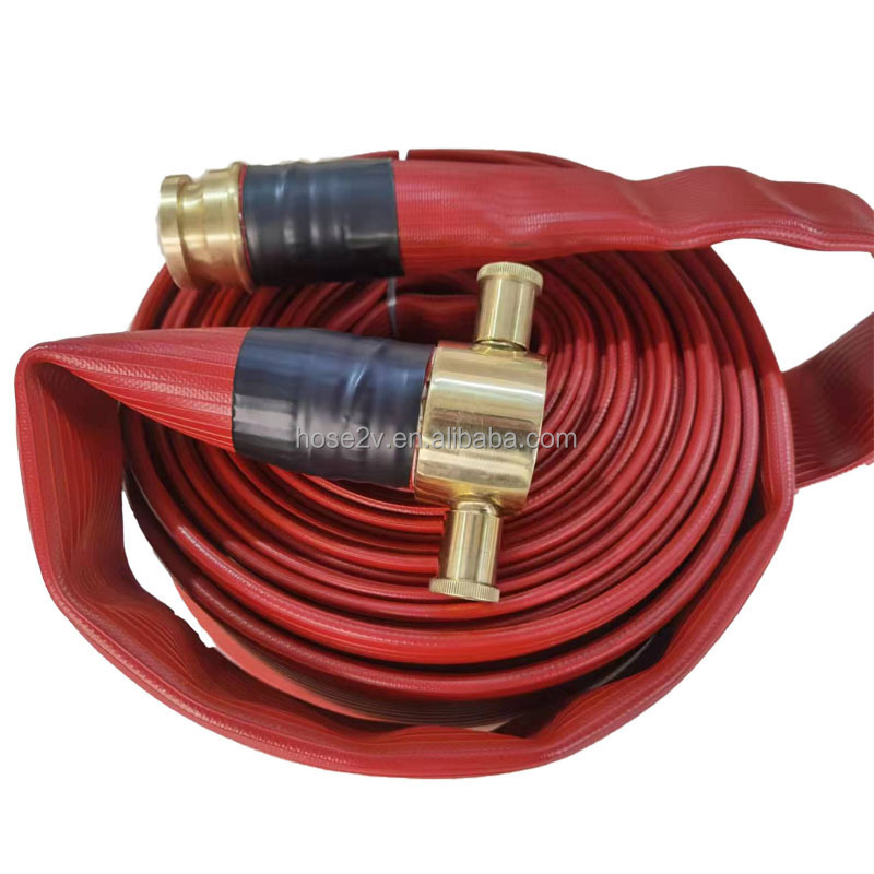 Rubber layflat discharge hose with smooth surface with brass/aluminum NH/NST/IPT thread hose couplings high pressure for fire