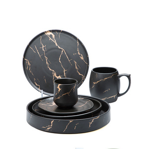 High Quality Marble Design Dinner Set Dinnerware Black Gold Luxury Ceramic Dinner Plate Set Tea Cups & Saucers Coffee Cup Set