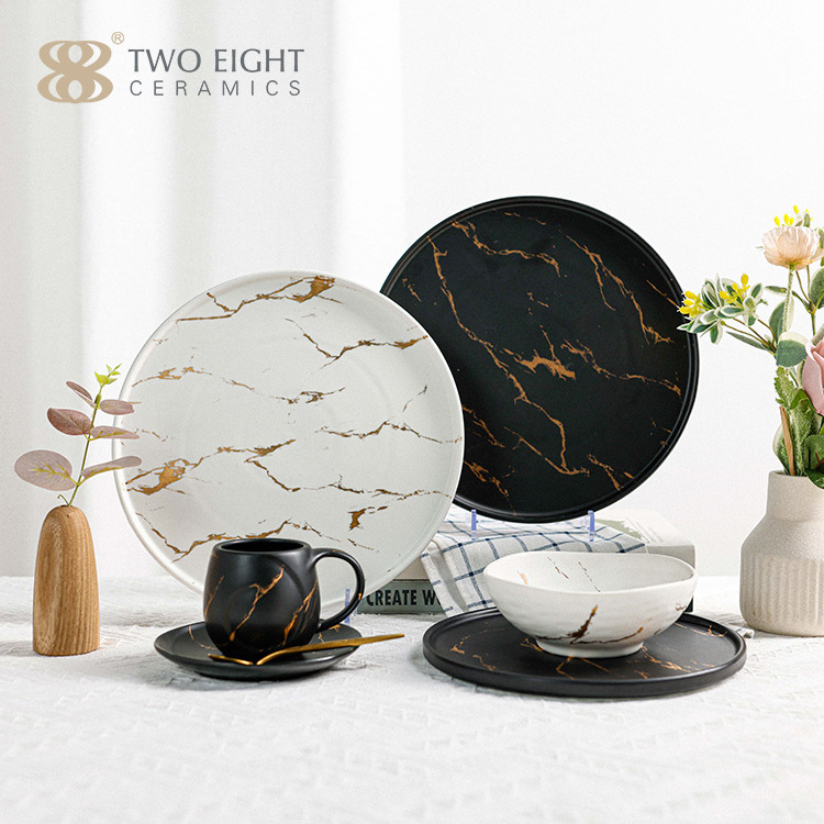 High Quality Marble Design Dinner Set Dinnerware Black Gold Luxury Ceramic Dinner Plate Set Tea Cups & Saucers Coffee Cup Set