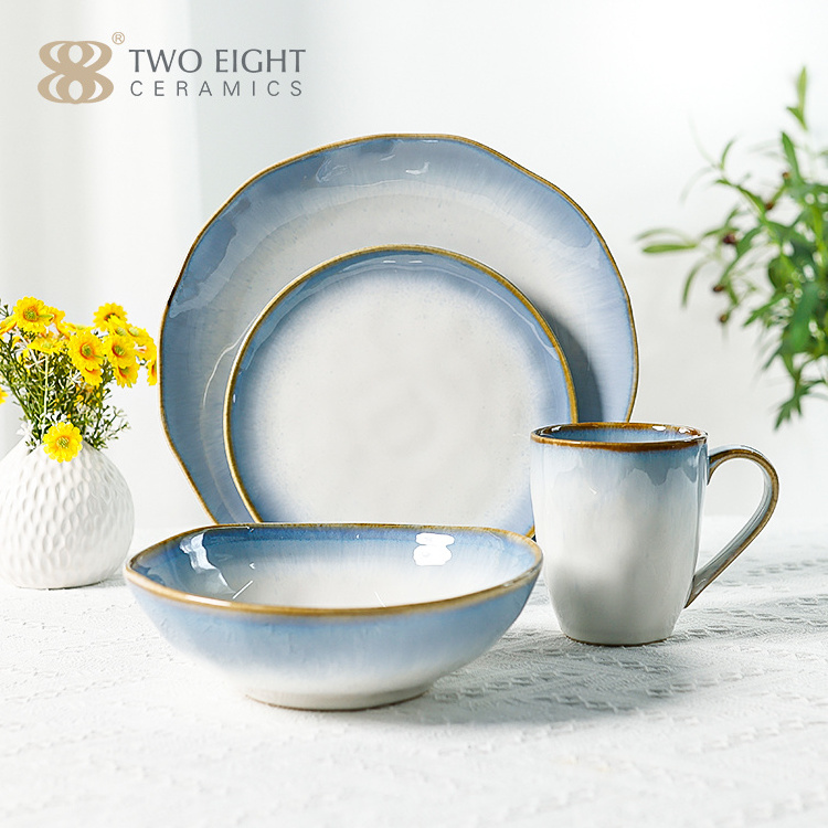 Nice Glaze Blue 4 PCS Bowl Set Ceramic and Mug Cup Bone China Dinner Set Pakistan Hot Selling Dinner Plate Set