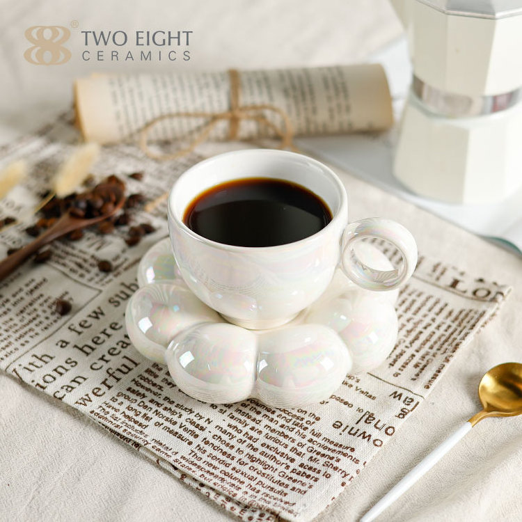 Custom Logo Printed Creative Cloud Cup with Saucer Sets Coffee Milk Tea Mug Ceramic Cup Pearl Glaze Ceramic Coffee Cup