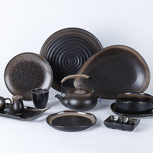 Hot Sale Restaurant Hotel Black Antique Dinner Set, Ceramic Porcelain Rustic Dinnerware Set