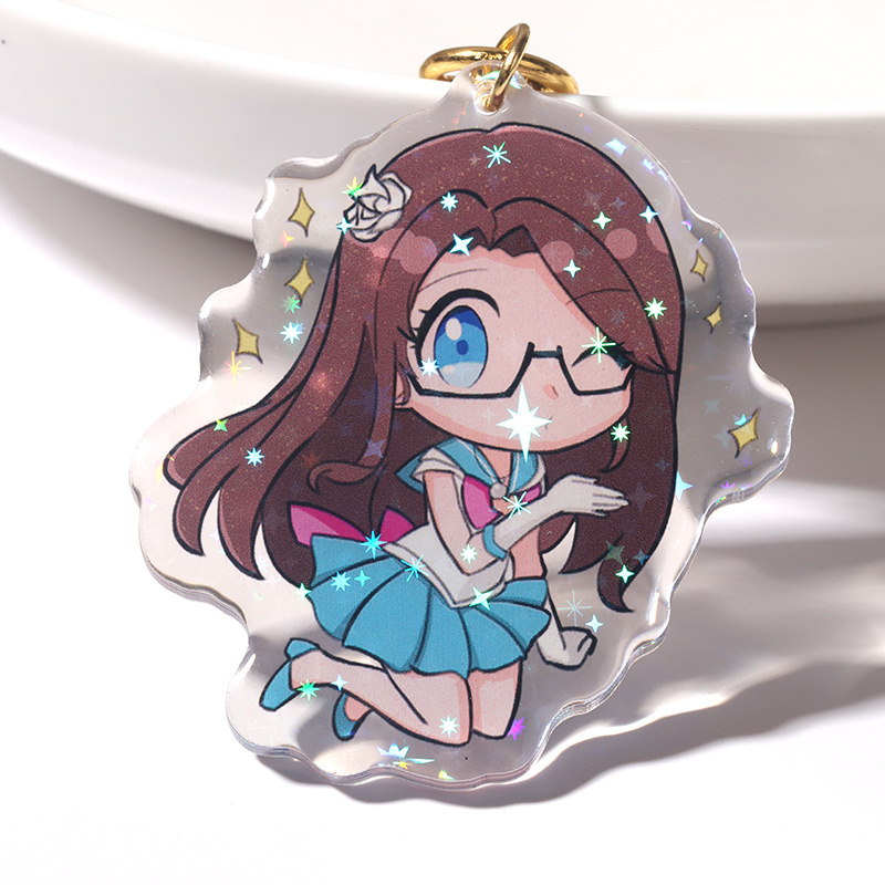 Custom 2D 3d cartoon translucent glitter epoxy anime Letter Pencil Round Tassel Resin Epoxy Make Your Own Hologram keychain