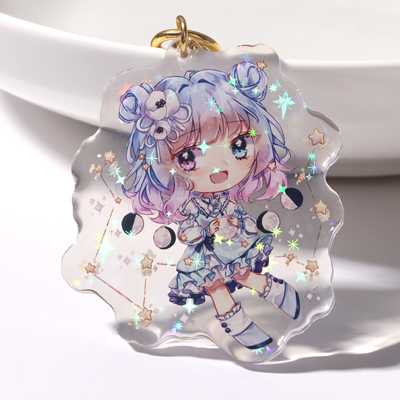 Custom 2D 3d cartoon translucent glitter epoxy anime Letter Pencil Round Tassel Resin Epoxy Make Your Own Hologram keychain