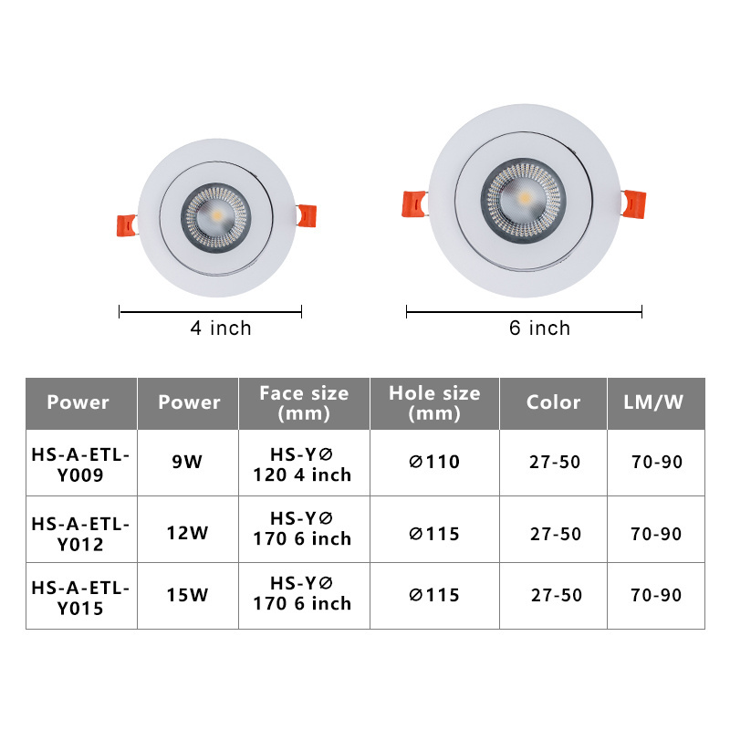 Spotlight adjustable recessed led downlight 6in 12w commercial panel light for office hotel