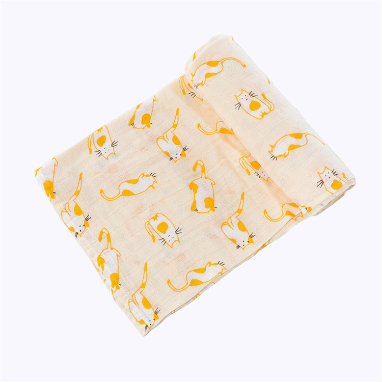 Baby Gift Yellow Cat Pattern Baby Swaddle Blanket Bamboo Cotton Baby Wrap Muslin Swaddle Blanket