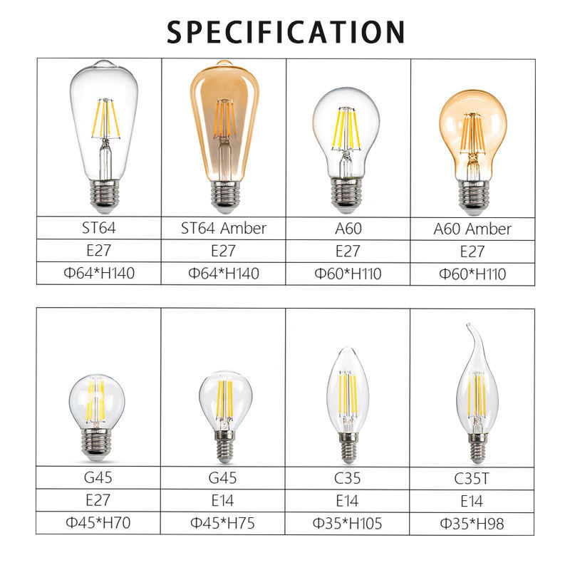 Led Candle Light Filament High Transparency Glass Bulb 2w 4w 6w 8w 2200k 2700k 6500k Ac 220v E27 E14 Base C35 C35t G45 A60 St64