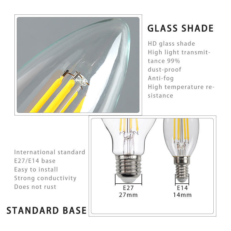 Led Candle Light Filament High Transparency Glass Bulb 2w 4w 6w 8w 2200k 2700k 6500k Ac 220v E27 E14 Base C35 C35t G45 A60 St64