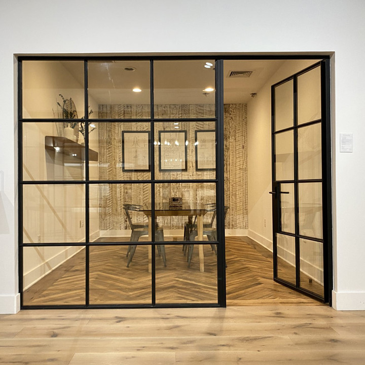 Customized Wrought iron And Glass Interior Room Door Soft Close Black Galvanized Steel Tube Door For Kitchen