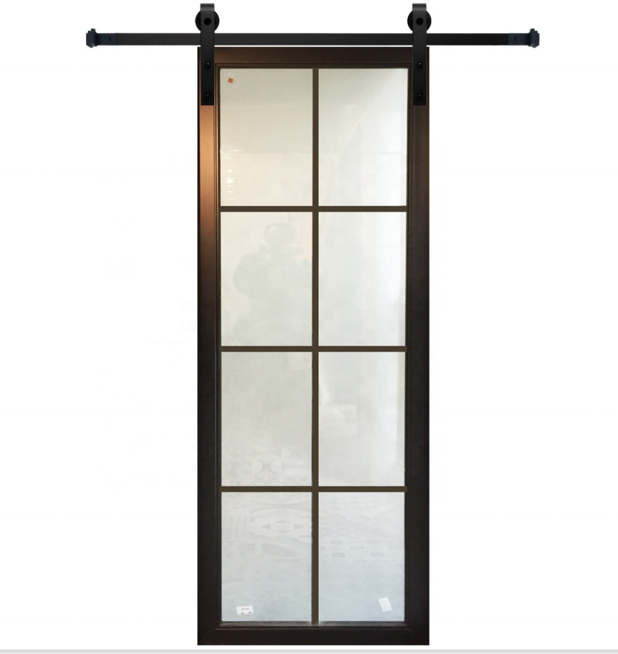 American Style Interior Black Steel Frame Track Glass Sliding Bathroom French Barn Door with Softy close