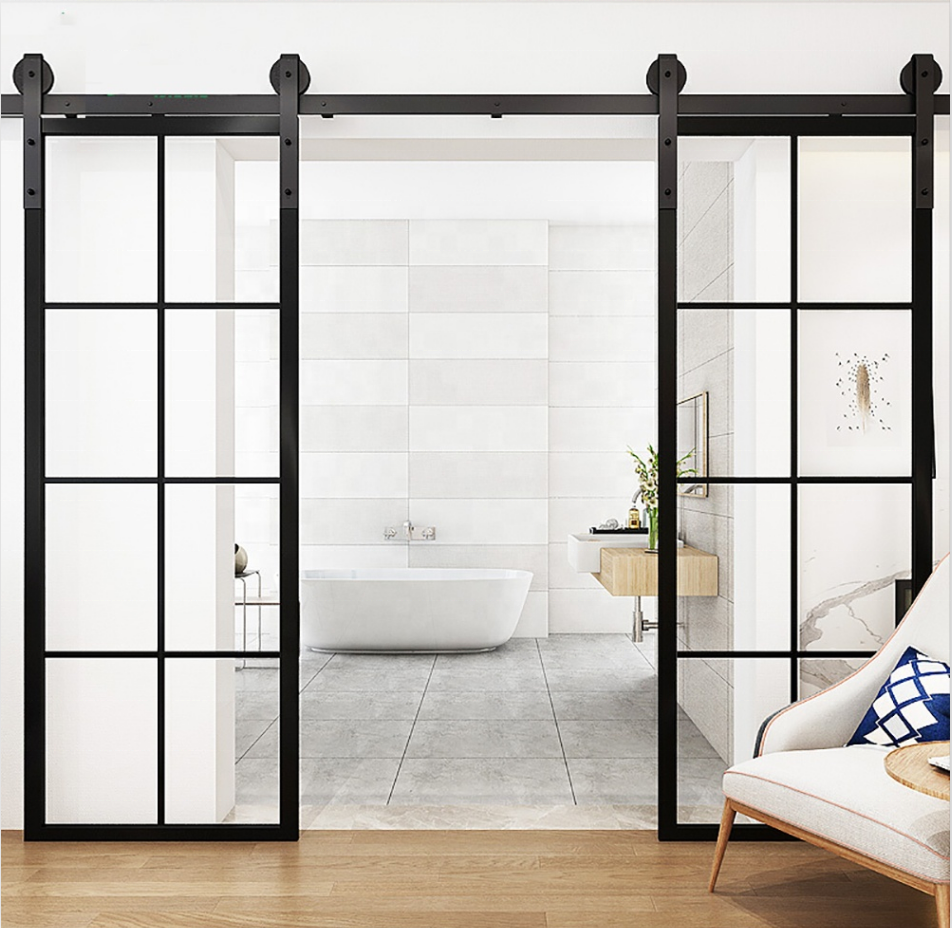 American Style Interior Black Steel Frame Track Glass Sliding Bathroom French Barn Door with Softy close