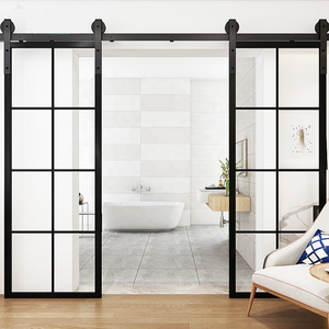 American Style Interior Black Steel Frame Track Glass Sliding Bathroom French Barn Door with Softy close