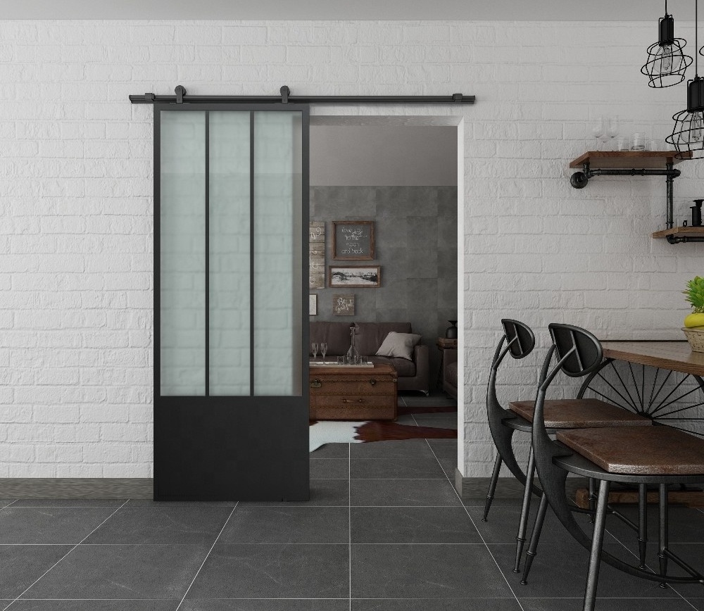 Hot Selling American Style Modern Metal Glass Panel Interior Black Sliding Barn Style Steel Glass Door