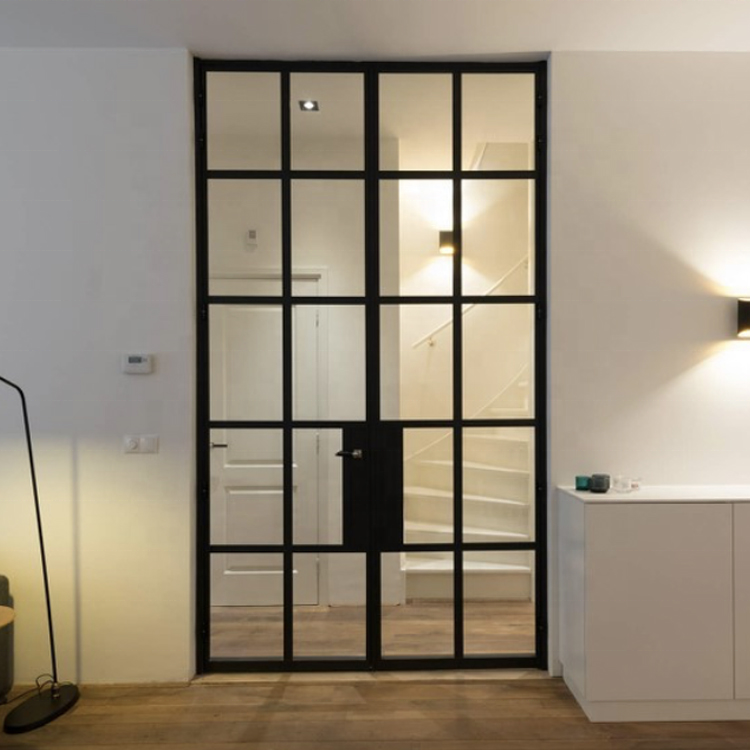 Energy Efficient French Black Steel Frame Glass Doors For Sale Security Tempered Black Swing  Patio Doors