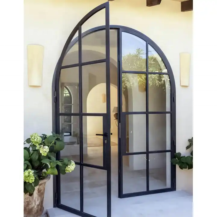 Energy Efficient French Black Steel Frame Glass Doors For Sale Security Tempered Black Swing  Patio Doors