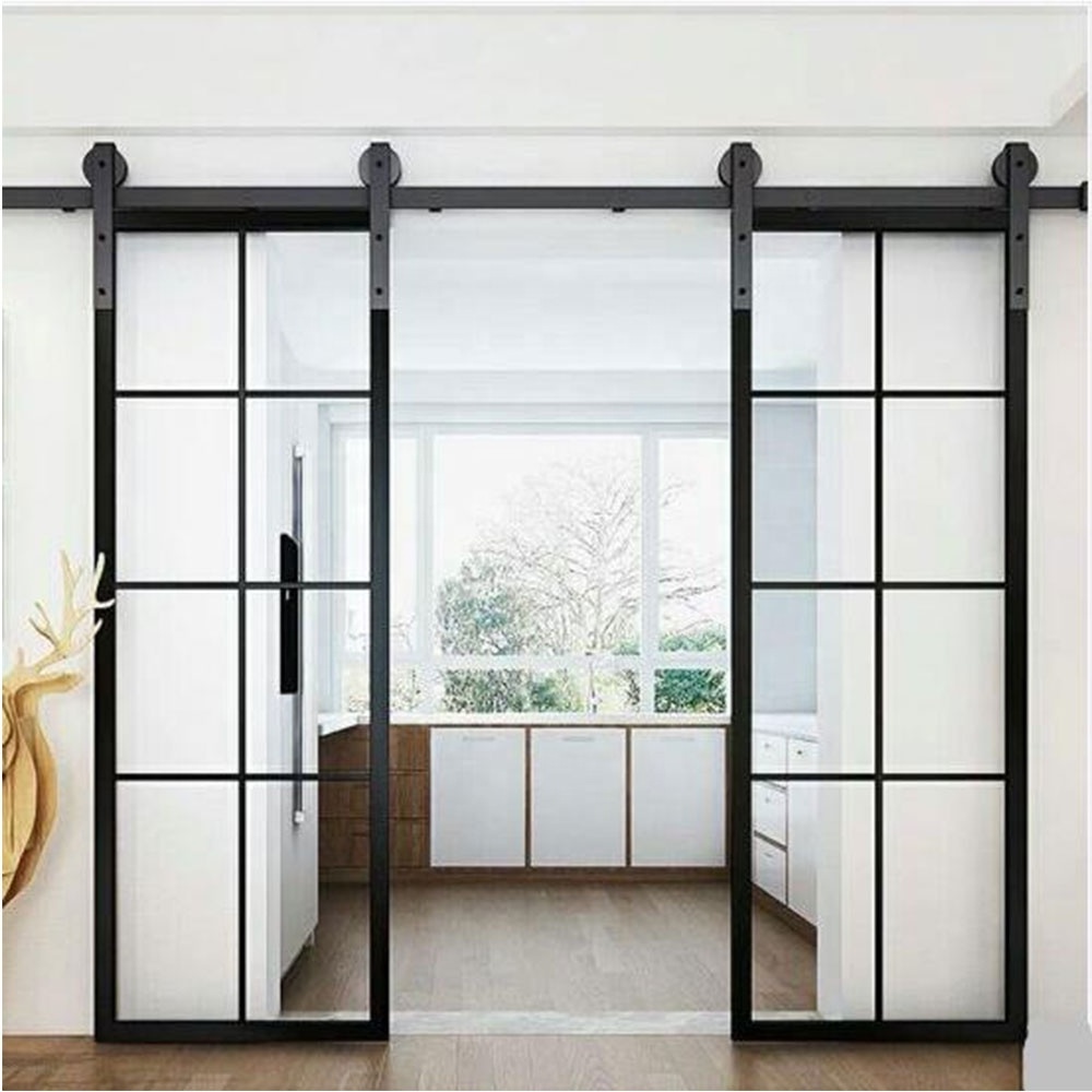 HOTIAN New Designs French Style Sliding Tempered Glass Barn Door Wrought Iron