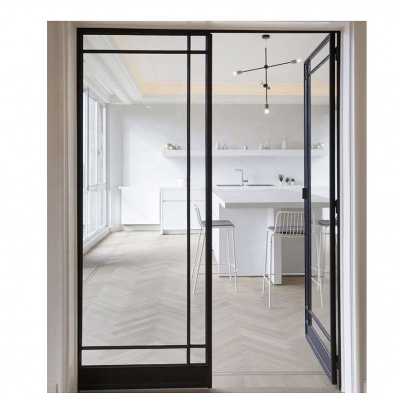 Energy Efficient French Black Steel Frame Glass Doors For Sale Security Tempered Black Swing  Patio Doors