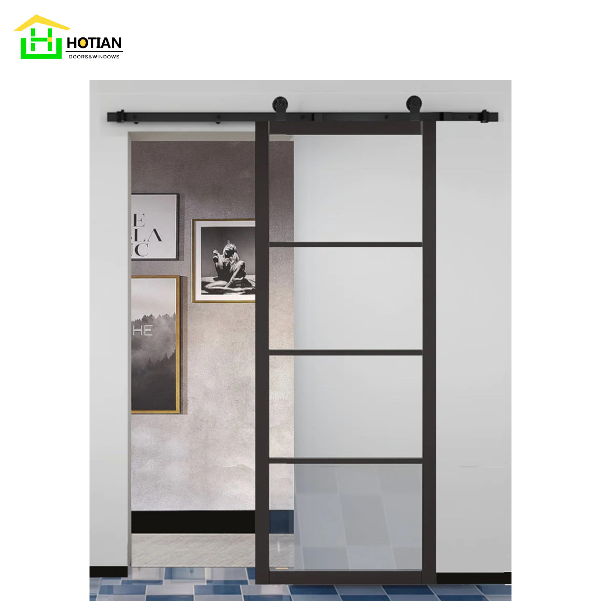 HOTIAN New Designs French Style Sliding Tempered Glass Barn Door Wrought Iron