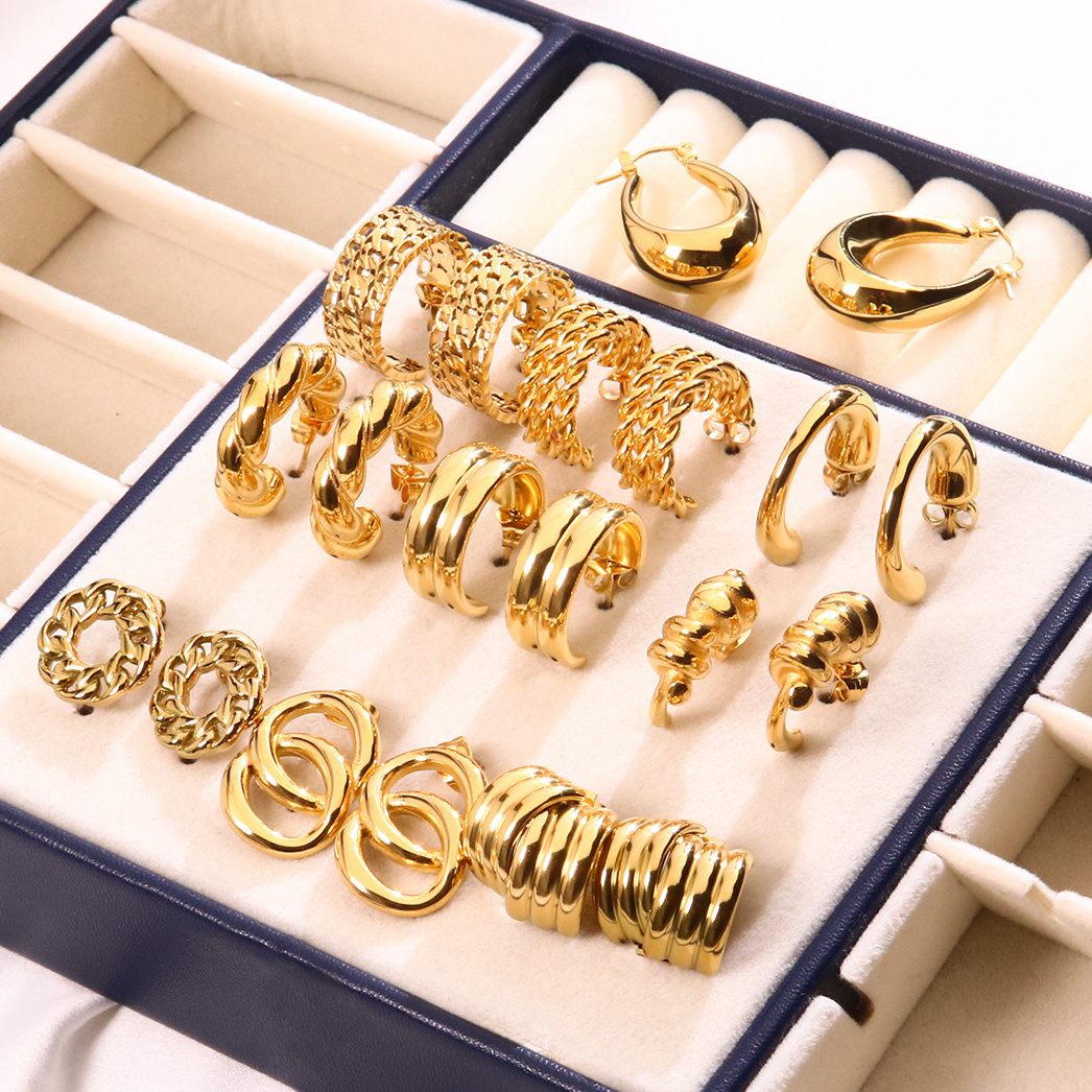 10 Pairs Wholesale Stainless Steel Statement Hoop Earring Jewelry Set Chunky Stud 18K Gold Plated Twist  Women Hoop Earrings Set