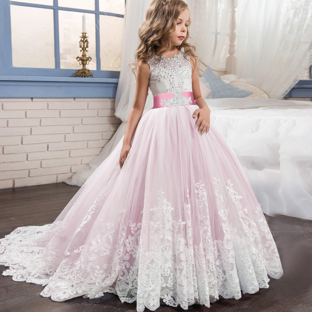 Long Tail Layered Dress Tulle Lace Kids Ball Gown Flower Girls Dress