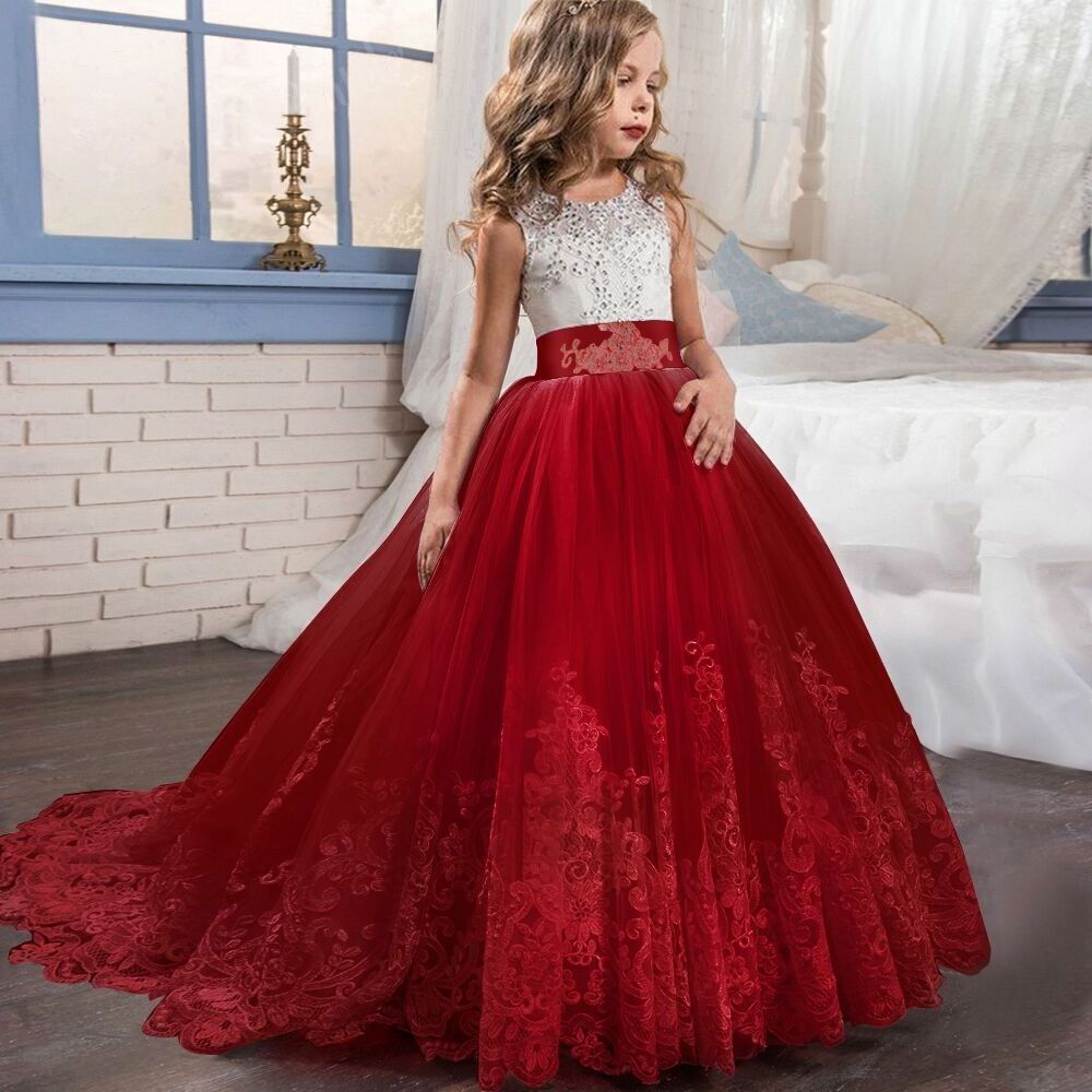 Long Tail Layered Dress Tulle Lace Kids Ball Gown Flower Girls Dress